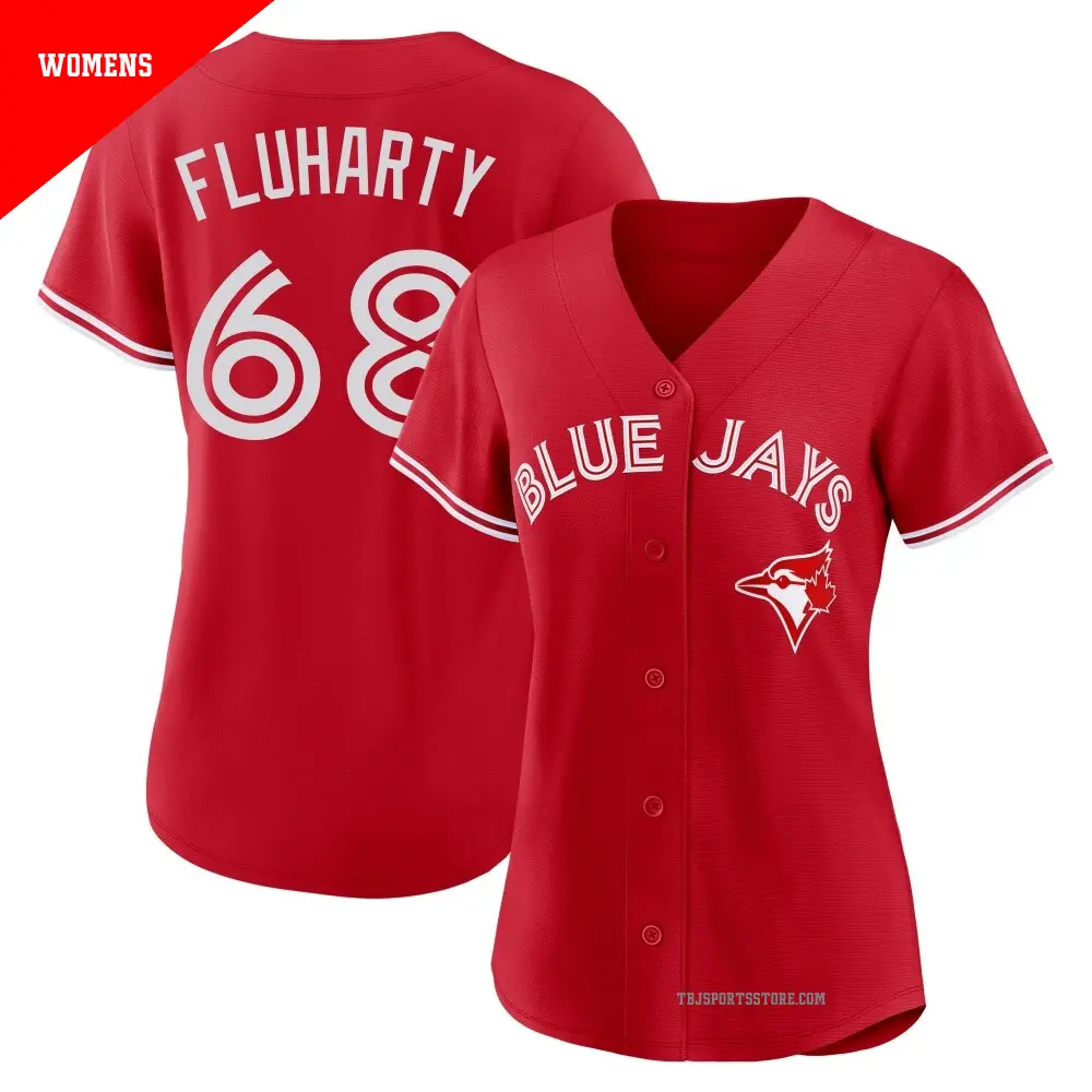 Women's ＃68 Mason Fluharty Toronto Blue Jays Red Replica Canada Day Jersey