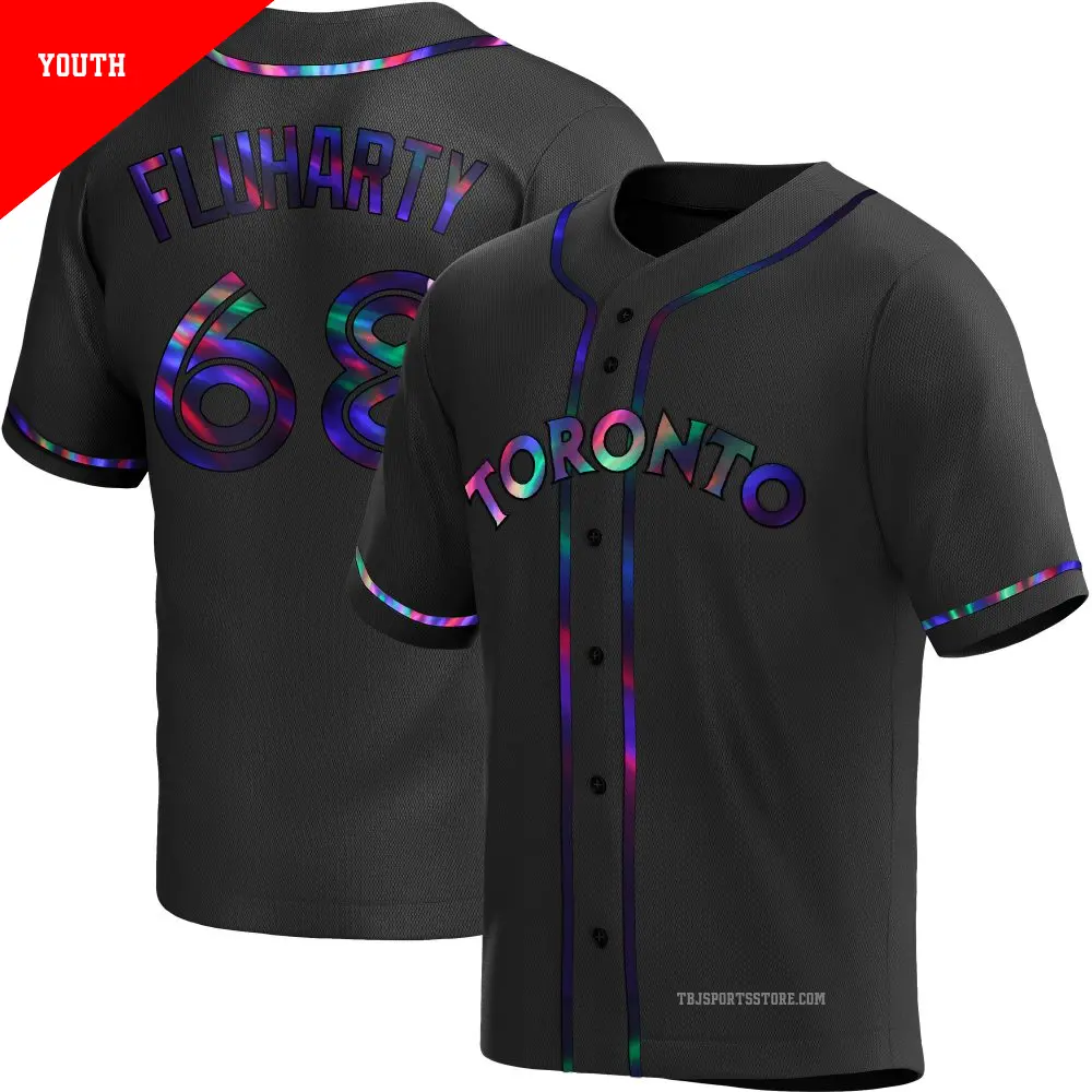 Youth ＃68 Mason Fluharty Toronto Blue Jays Black Replica Holographic Alternate Jersey