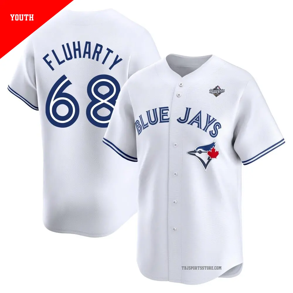 Youth ＃68 Mason Fluharty Toronto Blue Jays White Limited Home 2025 World Series Jersey